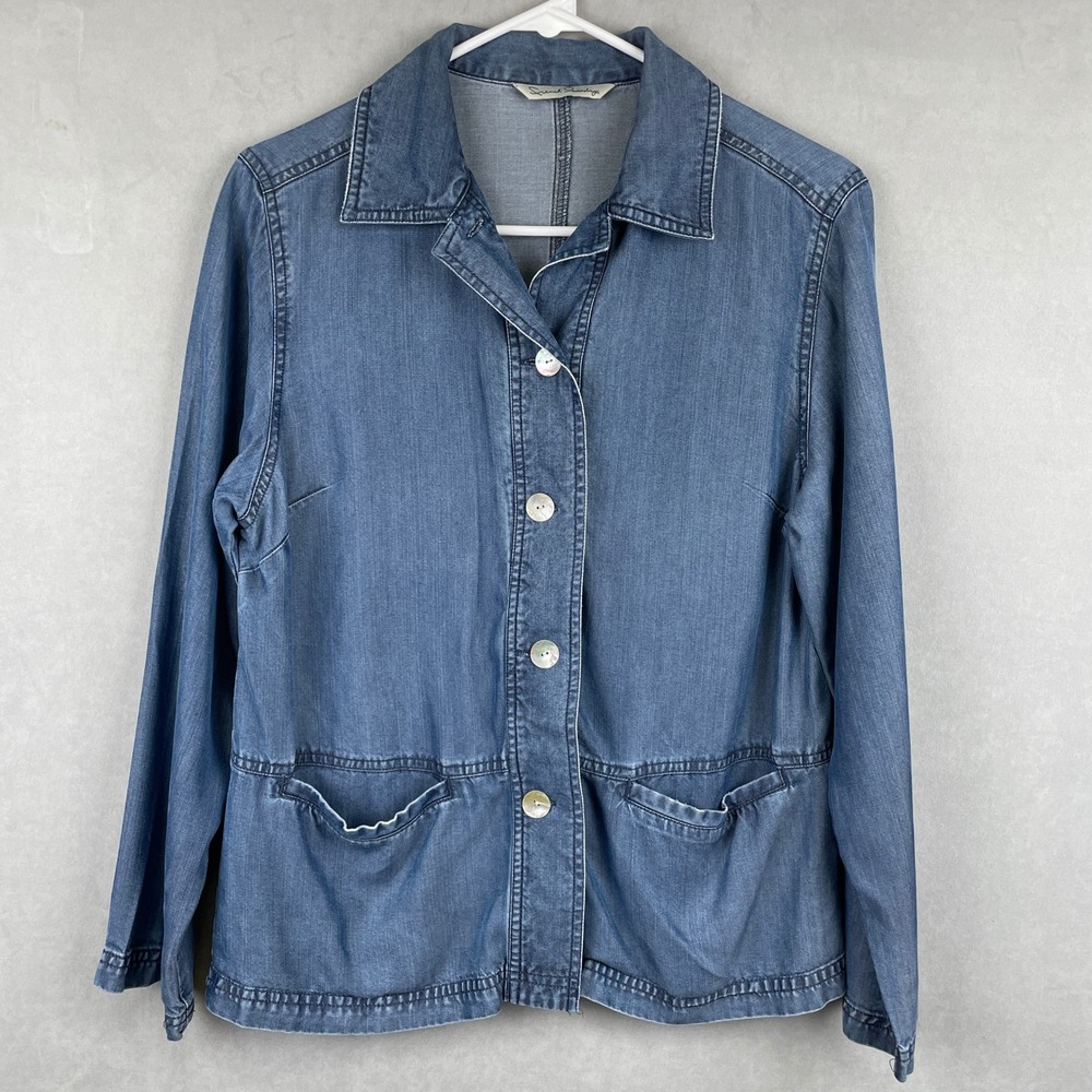 French Laundry Blue Denim Chore Jacket Button Down Collared Patch Pockets M Read